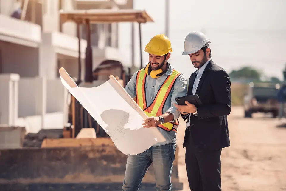 Construction professionals reviewing plans