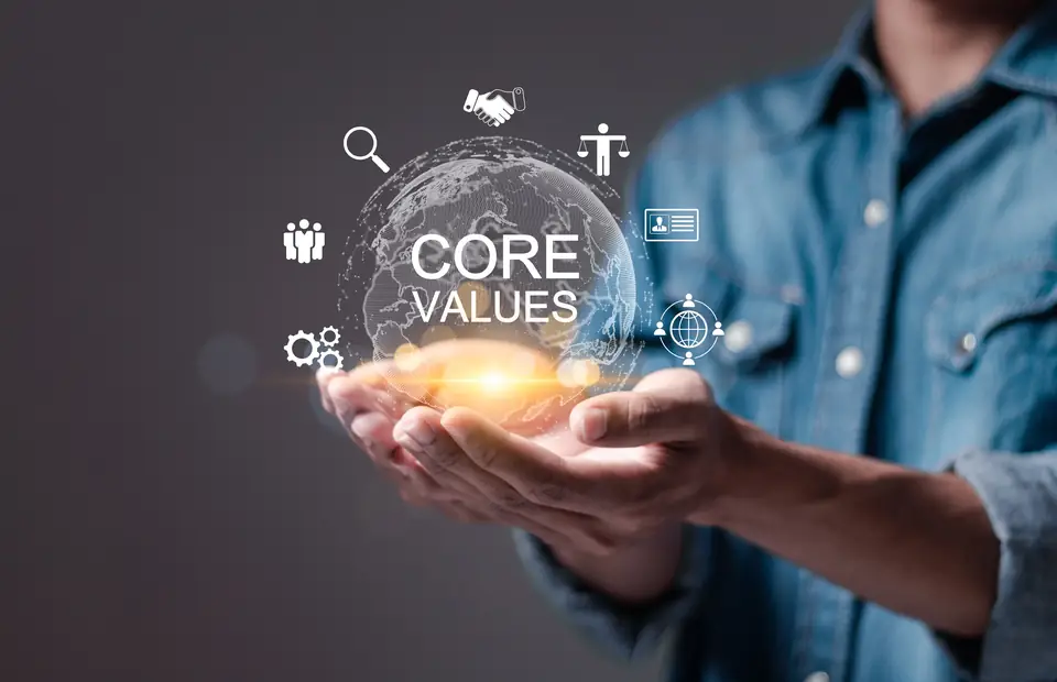 Business professional presenting a core values concept