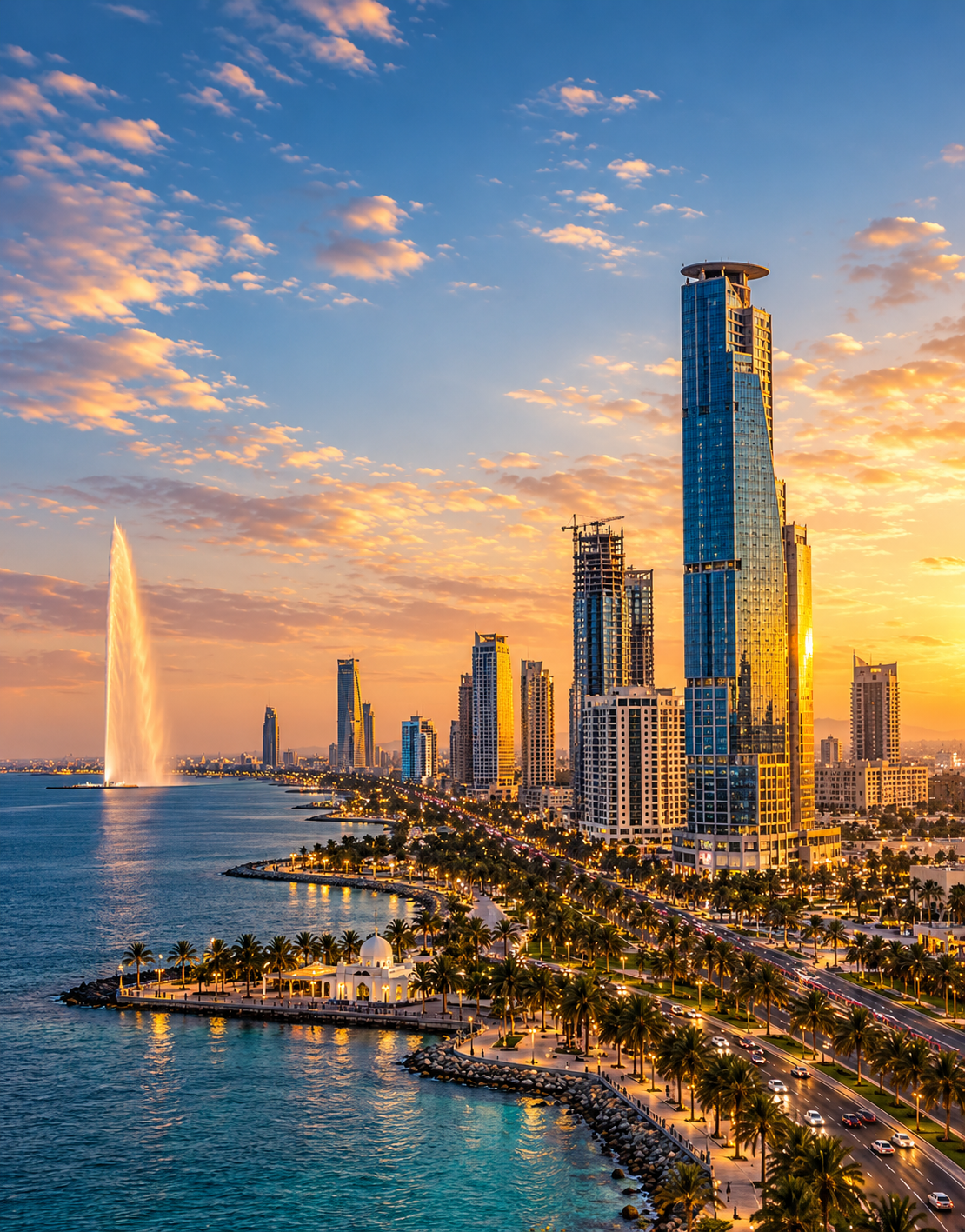 Jeddah waterfront skyline at sunset, Saudi Arabia